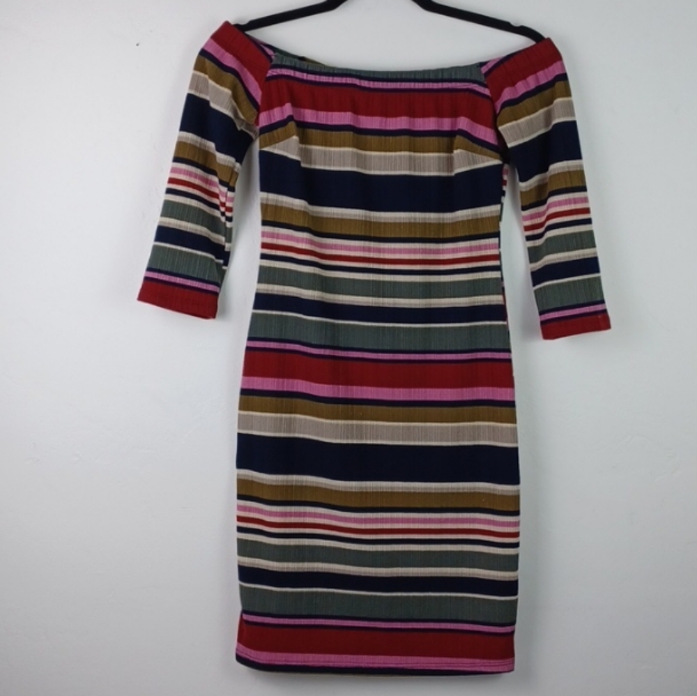 FASHION MAGAZINE RICH MULTI COLOR STRIPED OFF SHOULDER BODYCON DRESS SZ L